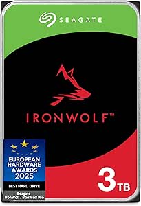 Seagate IronWolf 3To, Disque dur interne NAS HDD, CMR 3.5 Pouces, SATA 6Goit/s 5 400 tr/min, 64 Mo de mémoire cache, pour NAS RAID, Ouverture Facile, Services Rescue (ST3000VNZ06)